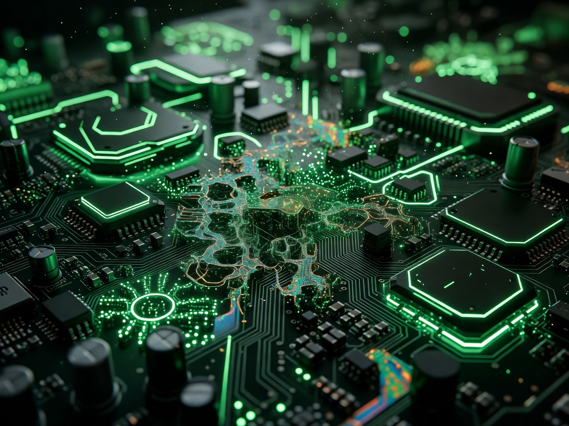Cyberpunk neon green technical circuit board close up representing digital matrix colors