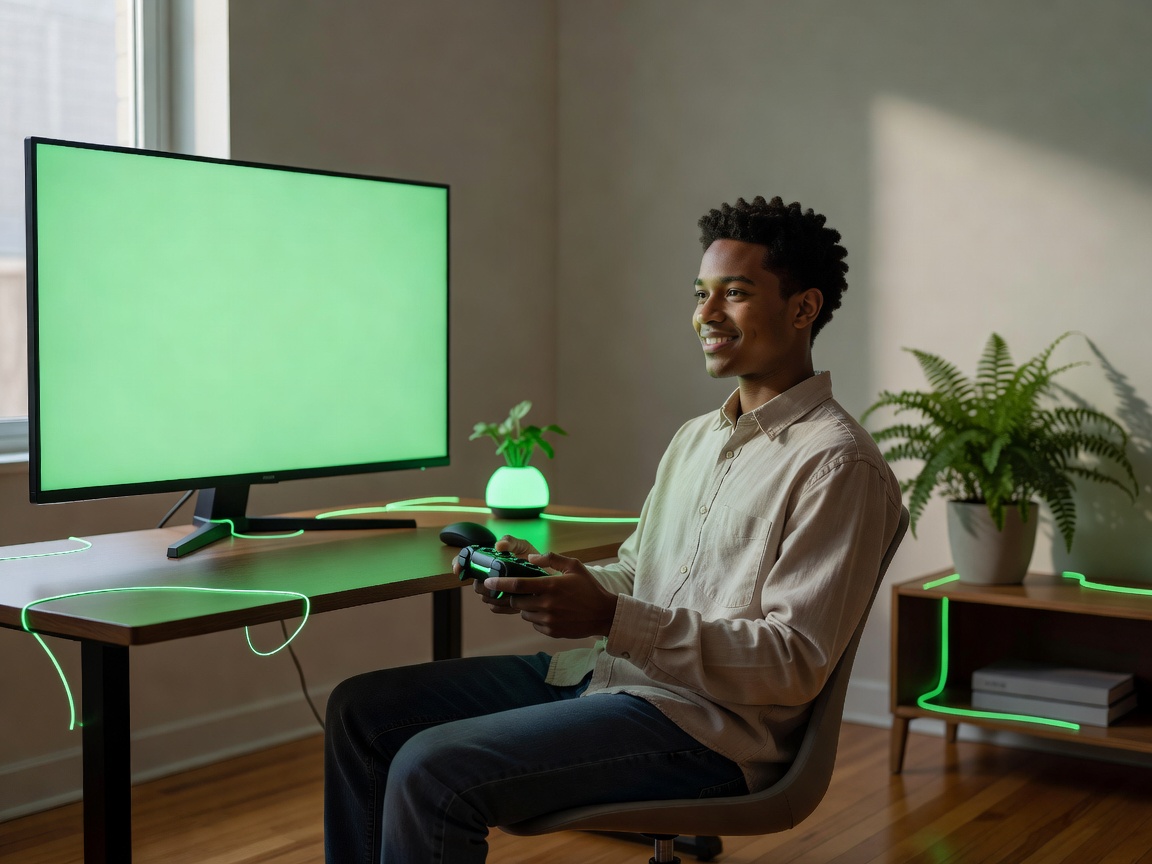 Conscious digital lifestyle with balanced screen time and glowing green elements