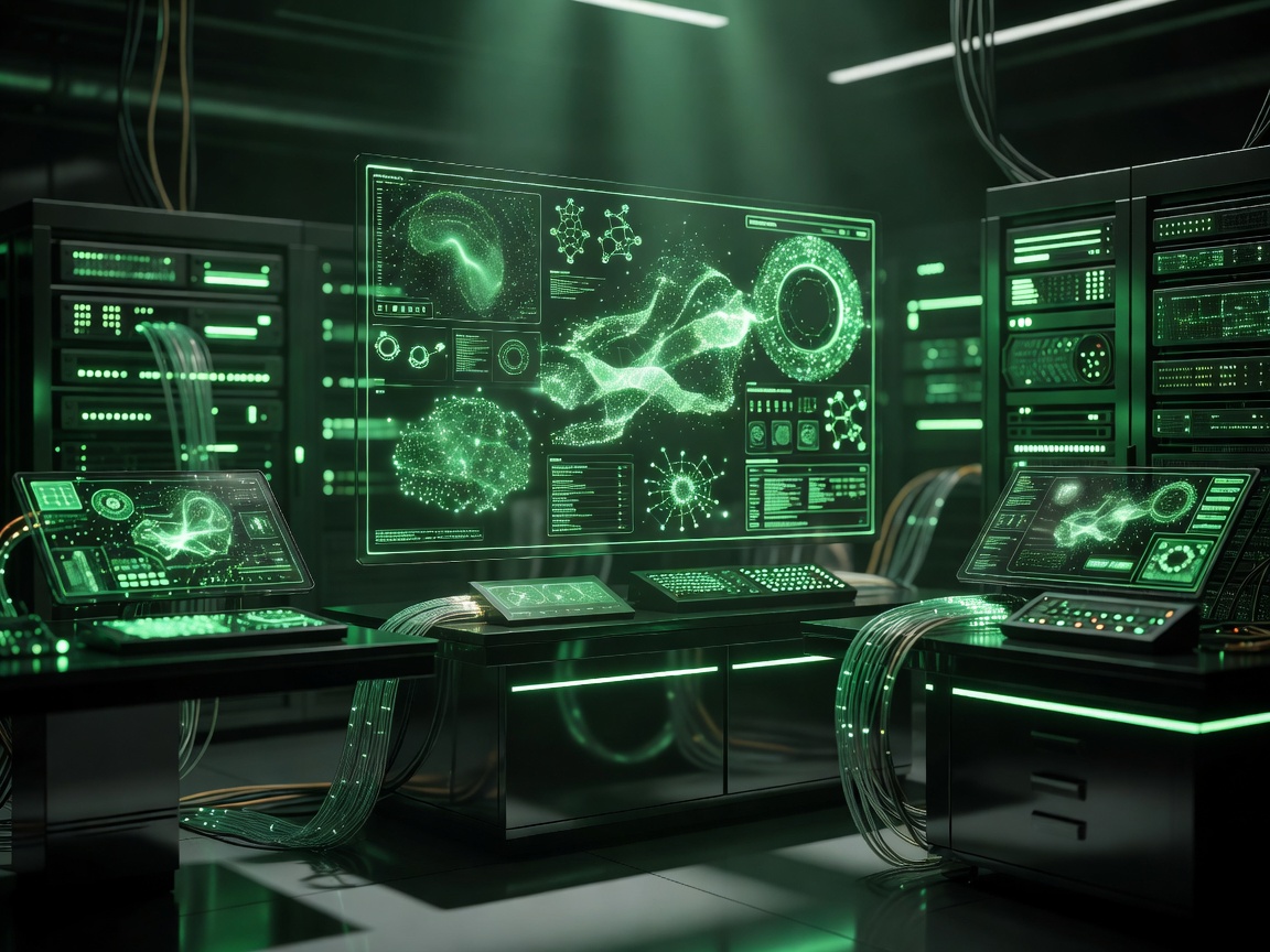 High-tech glowing interface and setup with glowing green elements