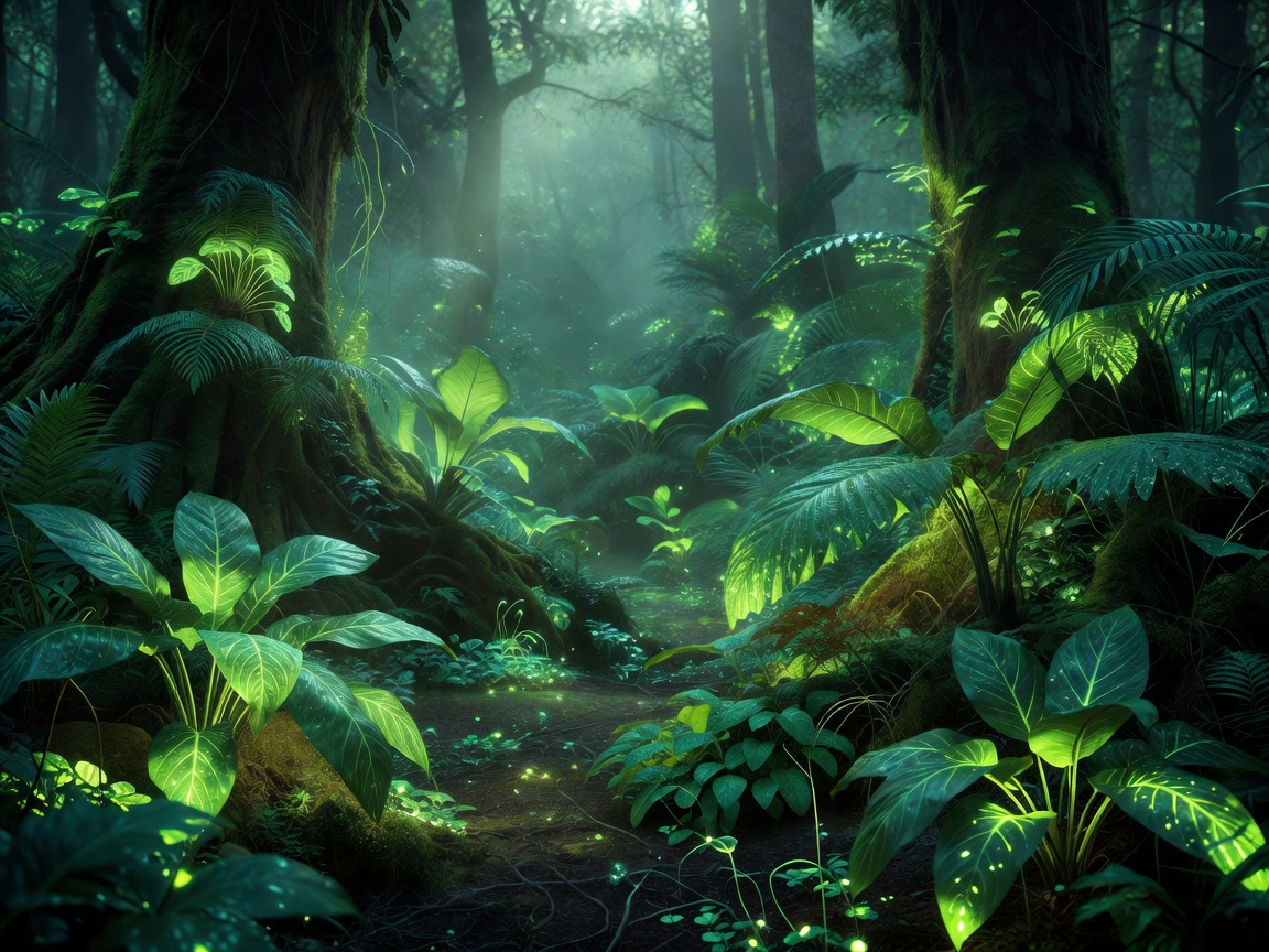 Lush bioluminescent green forest leaves representing the game environment aesthetics