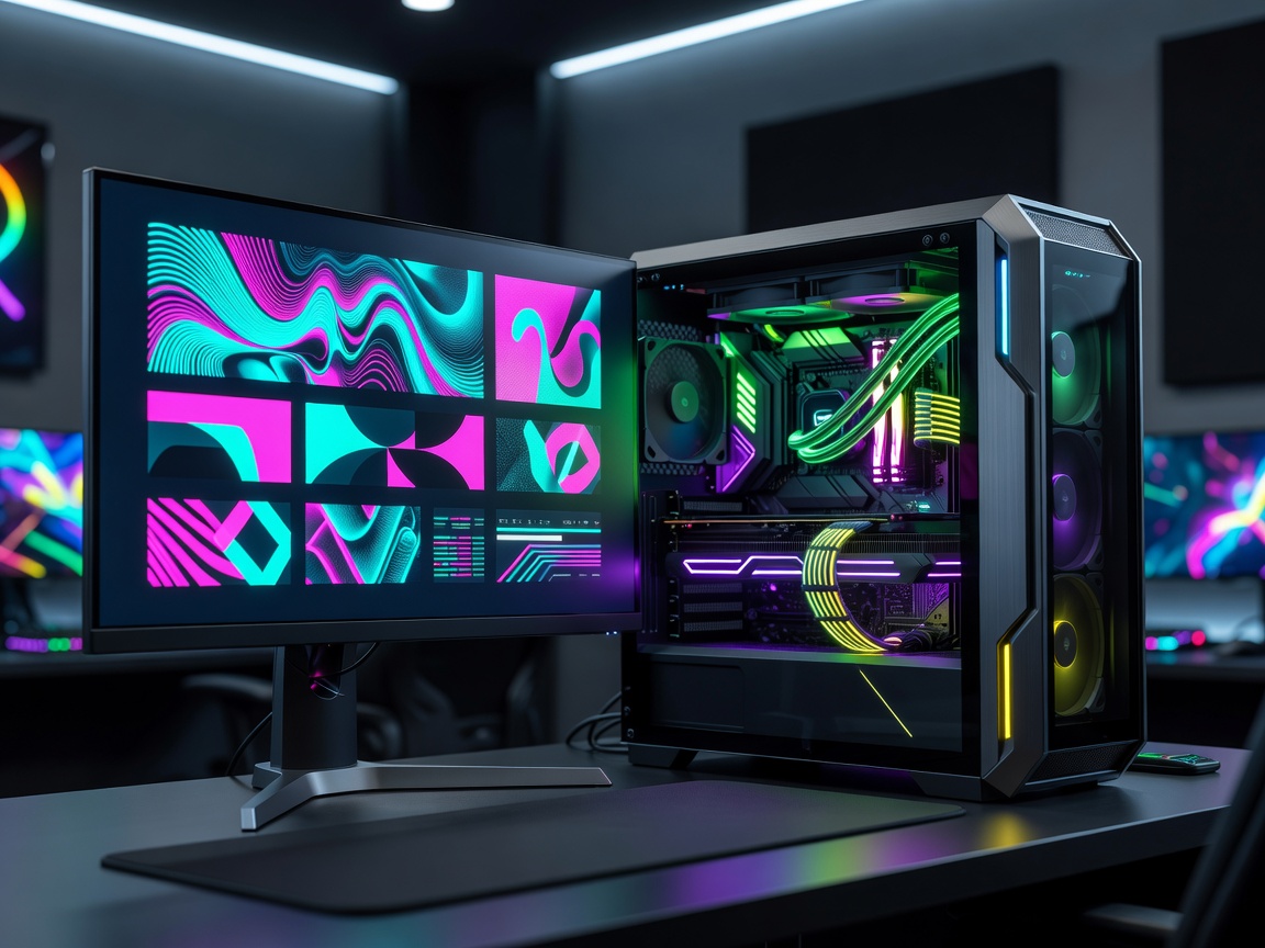 Sleek gaming machine monitor with glowing neon components and design assets representing frame metrics
